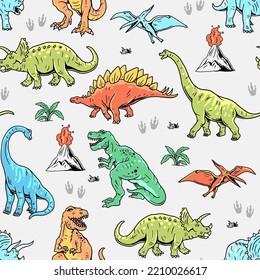 Patrón ininterrumpido de dinosaurios. Dinosaurios vectoriales dibujados a mano con vista de fondo. Patrón con tirannosaurus Rex, Stegosaurus, Brachiosaurus, Triceratops y dibujos de Pterodactyl.