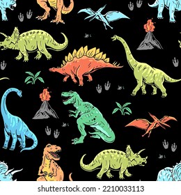 Dinosaur seamless pattern. Hand drawn vector dinosaurs with background view. Pattern with Tyrannosaurus Rex, Stegosaurus, Brachiosaurus, Triceratops, and Pterodactyl cartoons.