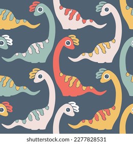 Dinosaur seamless pattern. Hand drawn cartoon dino characters with big eyes in simple scandinavian linocut style. Vector illustration. Trendy pastel gender neutral palette on a dark blue background