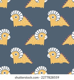 Dinosaur seamless pattern. Hand drawn cartoon dino characters with big eyes in simple scandinavian linocut style. Vector illustration. Trendy pastel gender neutral palette on a dark blue background