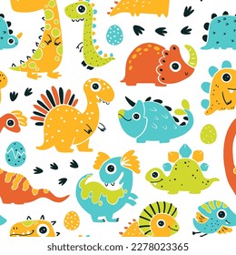 Dinosaur seamless pattern. Hand drawn cartoon dino characters with big eyes in simple scandinavian linocut style. Vector illustration. Trendy colorful gender neutral palette on a white background