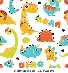 Dinosaur seamless pattern. Hand drawn cartoon dino characters with big eyes in simple scandinavian linocut style. Vector illustration. Trendy colorful gender neutral palette on a white background
