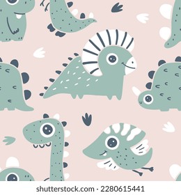 Dinosaur seamless pattern. Hand drawn cartoon dino characters with big eyes in simple scandinavian linocut style. Vector illustration. Trendy pastel gender-neutral palette on a beige background