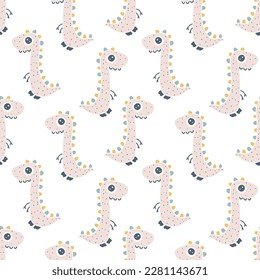 Dinosaur seamless pattern. Hand drawn cartoon dino characters with big eyes in simple scandinavian linocut style. Vector illustration. Trendy pastel gender neutral palette on a white background