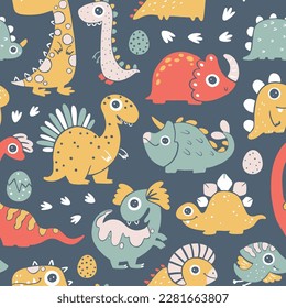 Dinosaur seamless pattern. Hand drawn cartoon dino characters with big eyes in simple scandinavian linocut style. Vector illustration. Trendy pastel gender neutral palette on a dark blue background