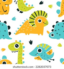 Dinosaur seamless pattern. Hand drawn cartoon dino characters with big eyes in simple scandinavian linocut style. Vector illustration. Trendy colorful gender neutral palette on a white background