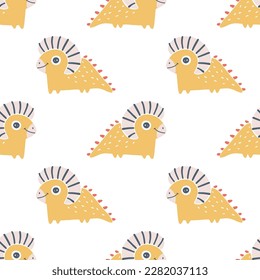 Dinosaur seamless pattern. Hand drawn cartoon dino characters with big eyes in simple scandinavian linocut style. Vector illustration. Trendy pastel gender neutral palette on a white background