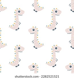 Dinosaur seamless pattern. Hand drawn cartoon dino characters with big eyes in simple scandinavian linocut style. Vector illustration. Trendy pastel gender neutral palette on a white background