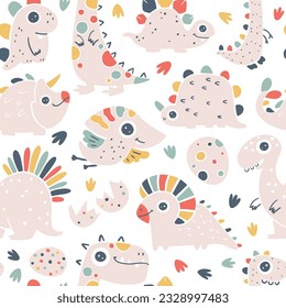 Dinosaur seamless pattern. Hand drawn cartoon dino characters with big eyes in simple scandinavian linocut style. Vector illustration. Trendy pastel gender neutral palette on a white background