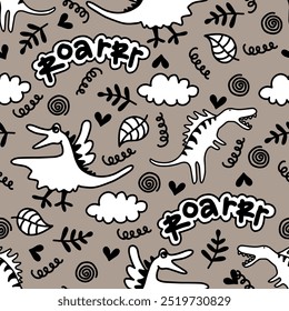 Dinosaur seamless pattern. Hand drawn vector dinosaurs with background view. Pattern with Tyrannosaurus Rex and Pterodactyl cartoons.