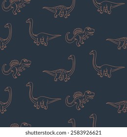 Dinosaur seamless pattern. Hand drawn vector dinosaurs for textile design. Dark blue background Tyrannosaurus Rex, Stegosaurus, Brachiosaurus, Triceratops outline animals for boys and teens clothing