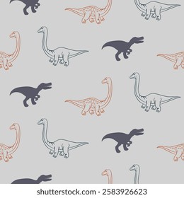 Dinosaur seamless pattern. Hand drawn vector dinosaurs for textile design. Neutral gray background Tyrannosaurus Rex, Stegosaurus, Brachiosaurus, Triceratops outline animals for boys and teens