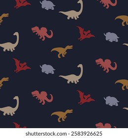 Dinosaur seamless pattern. Hand drawn vector dinosaurs for textile design. Dark blue background Tyrannosaurus Rex, Stegosaurus, Brachiosaurus, Triceratops silhouette outline animals for boys and teens