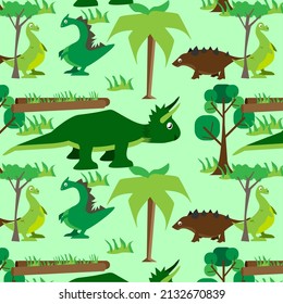 Dinosaur seamless pattern with more type of dinosaur with trees and grass design. For fabric, scrapbooking, surface design