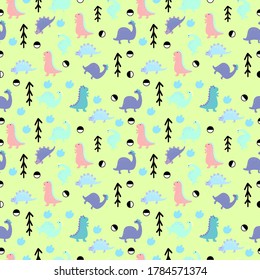 Dinosaur seamless pattern on bright green background. Stegosaur, T-Rex dinos children pattern. Modern trendy cartoon style seamless backdrop. Ancient times pattern