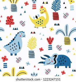 Dinosaur seamless pattern with plant elements. Vector illustration. Baby cloth design, wallpaper, wrapping.