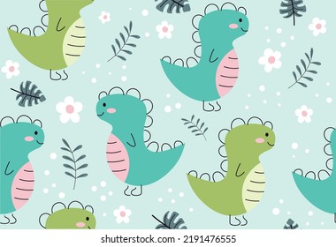Dinosaur seamless pattern. Repeating design element for printing on fabric. Prehistoric creatures, era. Fantasy and imagination, adorable character for kids. Cartoon flat vector illustration