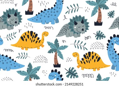 Dinosaur seamless pattern. Repeating picture for printing on gift wrapping paper. Animals BC, archeology and paleontology. Tropical and exotic palm, wildlife. Cartoon flat vector illustration