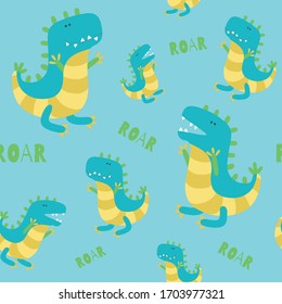 Dinosaur seamless pattern: roaring Dinos on blue background. Vector illustration in cute cartoon style