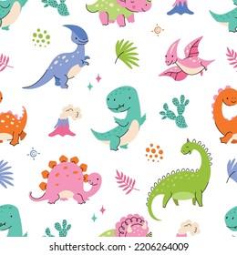 Dinosaur seamless pattern. Sweet cartoon dinosaurs clothes print template. Flat dino kid background. Cute childish wild animals nowaday vector texture