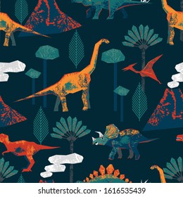 Dinosaur seamless pattern with triceratops, tyrannosaurus, diplodocus, pterosaurus, stegosaurus. Vtctor print for baby clothes, textiles, wallpaper and other design.