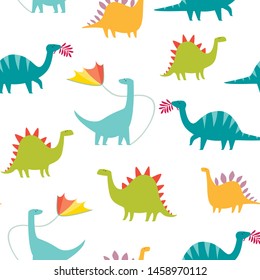 Dinosaur seamless pattern vector illustration. Cute T-rex cartoon style. Dino colorful character background