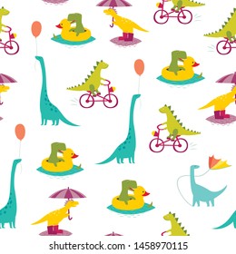 Dinosaur seamless pattern vector illustration. Cute T-rex cartoon style. Dino colorful character background