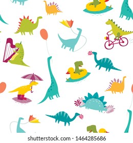 Dinosaur seamless pattern vector illustration. Cute T-rex cartoon style. Dino colorful character background