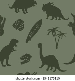 Dinosaur seamless pattern.Surfer dinosaur. Dinosaur, surfboard,palm vector print. Fun t-shirt design for kids.Cute Dinosaur character design.