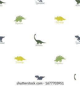 Dinosaur seamless with tyrannosaur, brachiosaurus, triceratops, stegosaurus. Funny doodle Dino collection. Textile design for baby boy on white background. Cartoon monster vector illustration.