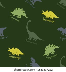 Dinosaur seamless with tyrannosaur, brachiosaurus, triceratops, stegosaurus. Funny doodle Dino collection. Textile design for baby boy on green background. Cartoon monster vector illustration.