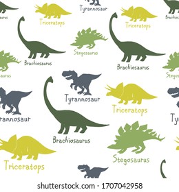 Dinosaur seamless with tyrannosaur, brachiosaurus, triceratops, stegosaurus. Funny doodle Dino collection. Textile design for baby boy on white background. Cartoon monster vector illustration.