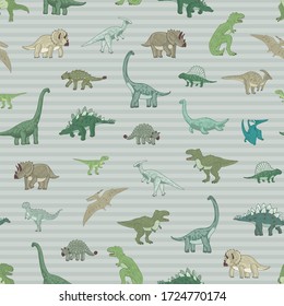 Dinosaur seamless vector doodle hand drawn pattern with striped background