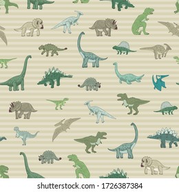 Dinosaur seamless vector doodle hand drawn pattern with striped background