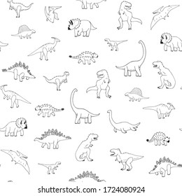 Dinosaur Seamless Vector Line Doodle Hand Drawn Pattern