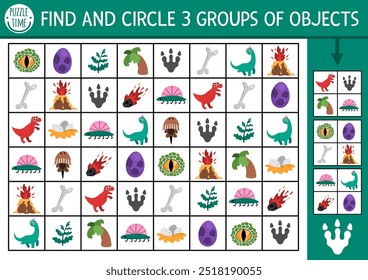 Dinosaur seek and find game with traditional symbols. Attention skills puzzle with T-rex, nest, bone, volcano. Prehistoric printable activity for kids. Dino searching puzzle. Find groups of objects
