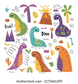 Dinosaur set in bright colors. Colorful cute vector illustration perfect for nursery decoration, party decor, posters and textiles.