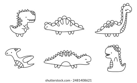 Dinosaur set. Cute adorable Dino characters, childish collection. Kawaii dino linear set. Dinosaurs collection for baby boys. Hand Draw Vector illustration isolated on white background