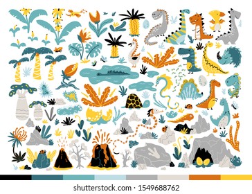 Dinosaur Set. Cute Dino and other fantastic elements of nature of the prehistoric period. Vector illustration in simple cartoon hand-drawn style.