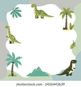 Dinosaur set of frames for kids photos, templates or invitations. Vector illustration of a dino with a blot frame in simple cartoon hand-drawn style.