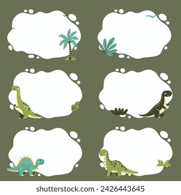 Conjunto de marcos de dinosaurios para fotos, plantillas o invitaciones para niños. Ilustración vectorial de un dinosaurio con un marco de mancha en estilo dibujado a mano de dibujos animados simple.