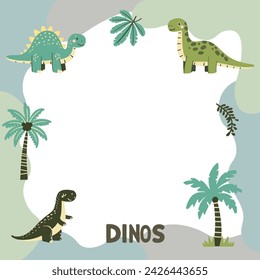 Dinosaur set of frames for kids photos, templates or invitations. Vector illustration of a dino with a blot frame in simple cartoon hand-drawn style.