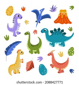 Dinosaur set. Funny dino clip art. Jurassic Period. Bright multicolored dino, leaves, eggs, volcano and footprint in flat and cartoon style. Isolated vector stock illustration EPS 10 on white backgrou