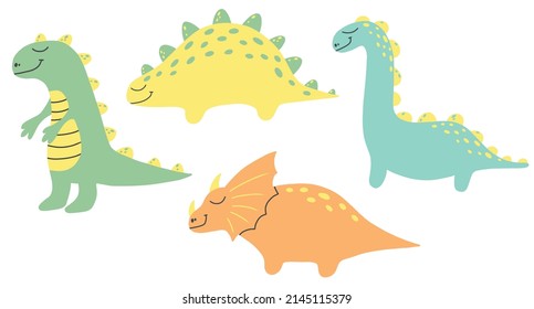 Dinosaur set. Hand drawn dino set. Children's collection of dinosaurs. Vector illustration.