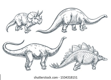 Dinosaur set, isolated on white background. Vector hand drawn sketch illustration. Dino collection, print design elements.