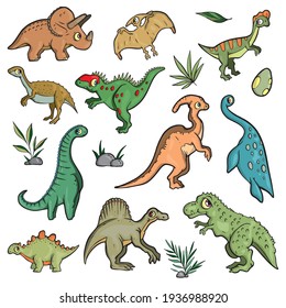 Dinosaur set on white background Cute Cartoon Vector illustration