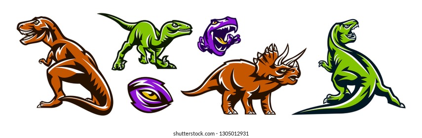 Dinosaur set. Predators of the Jurassic period. Dinosaurs, beasts, extinct animals. Colorful collection, vector illustration