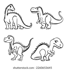 dinosaur. set of simple flat black and white ancient dinosaurs. triceratops, tyrannosaurus, dragons. flat, vector, doodle, sketch, graphics.