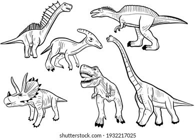 Dinosaur set. Sketch of various prehistoric dinosaurs. Freehand drawing, Jurassic animals.Vector.
