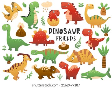 Dinosaur set with tyrannosaurus rex, triceratops, brachiosaurus, pterodactyl,  stegosaurus. Cute cartoon animals.